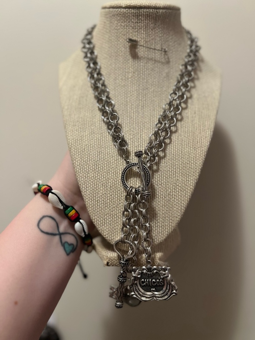 #131. Chico's Vintage Silver-Tone Multi-Chain Charm Necklace - Silver